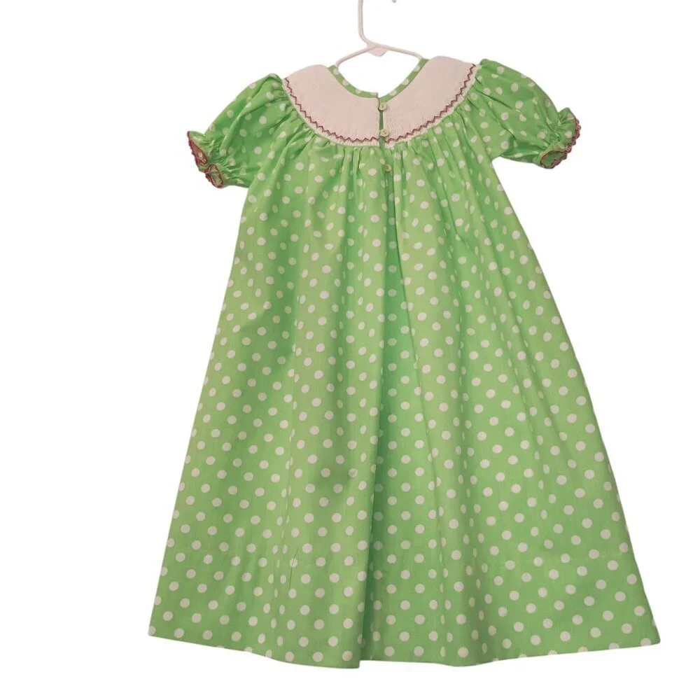 Lollypop Kids Christmas Smocked Little Girl's Dress Green & White Polka Dots 3T